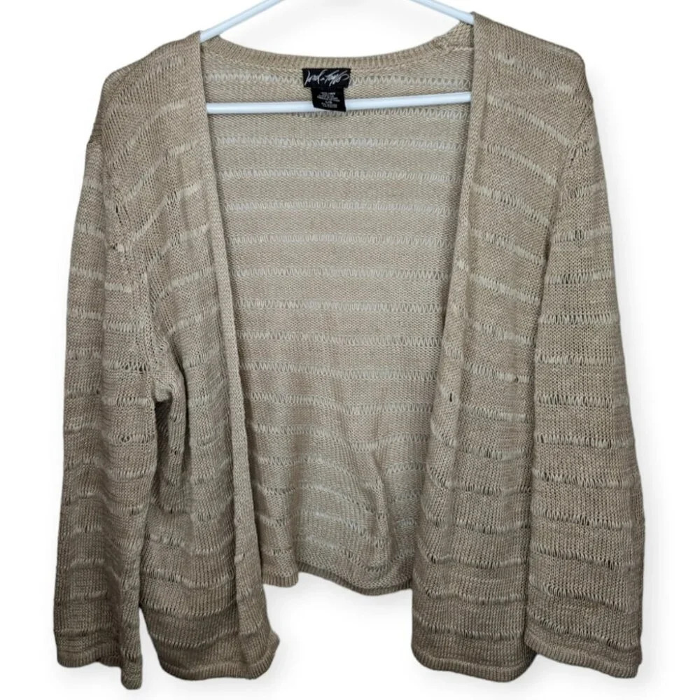 Lord & Taylor 100% Linen Beige Open Front Knit Cardigan Women Large
